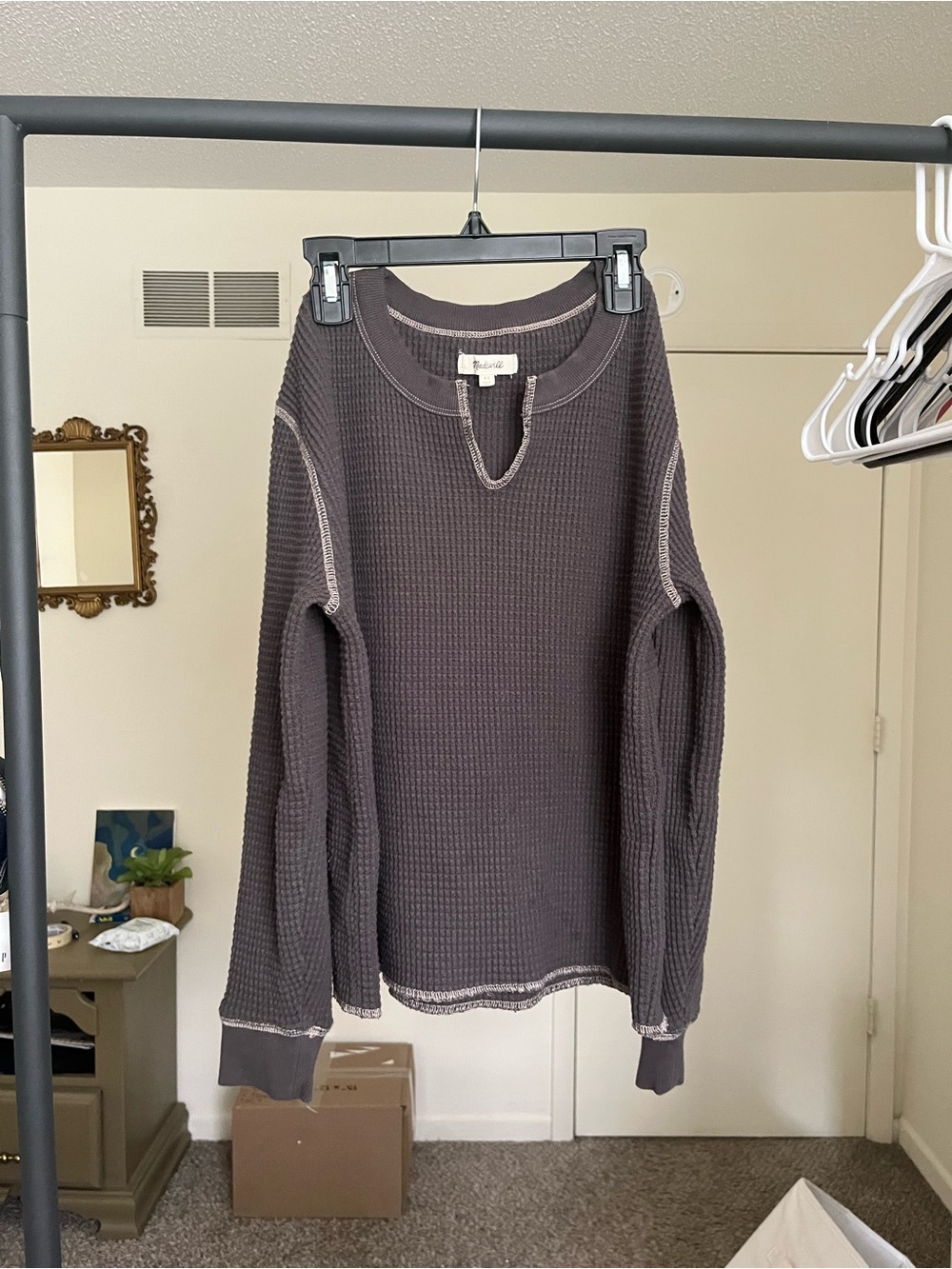 Waffle Knit Thermal Long Sleeve Top - Dark Gray